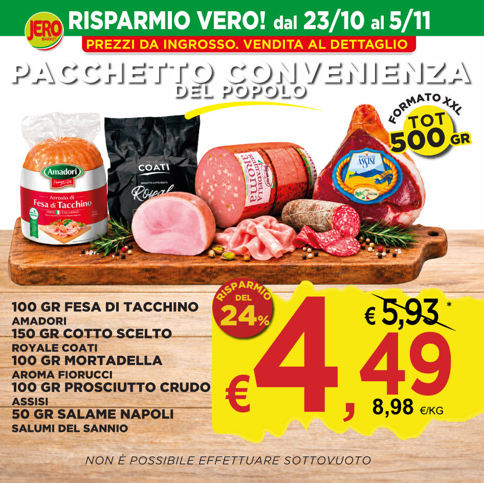 Pacchetto Convenienza del Popolo: fesa di tacchino Amadori, cotto scelto Royale Coati, mortadella Aroma Fiorucci, prosciutto crudo Assisi, salame Napoli Salumi del Sannio